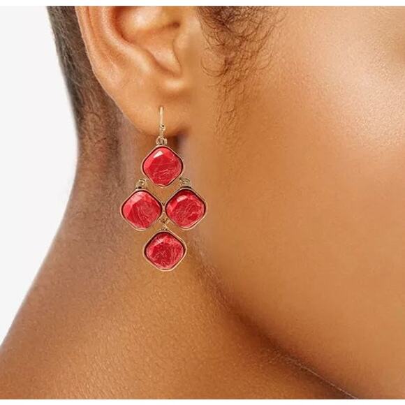 STYLE & CO Synthetic Red Turquoise Stone Wire Drop Earrings| NEW with Tags - Picture 2 of 2